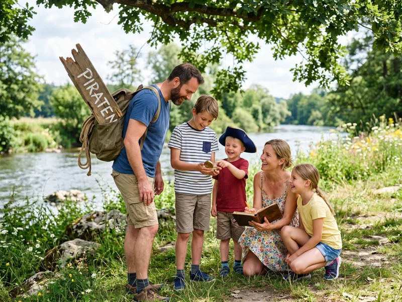 Schatzsuche im Freien mit Karte und Piratenhut am Fluss