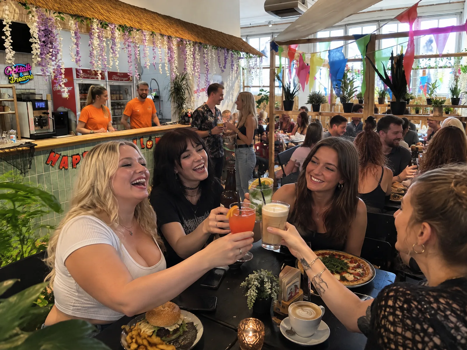 Freundinnen stoßen an der Bar an