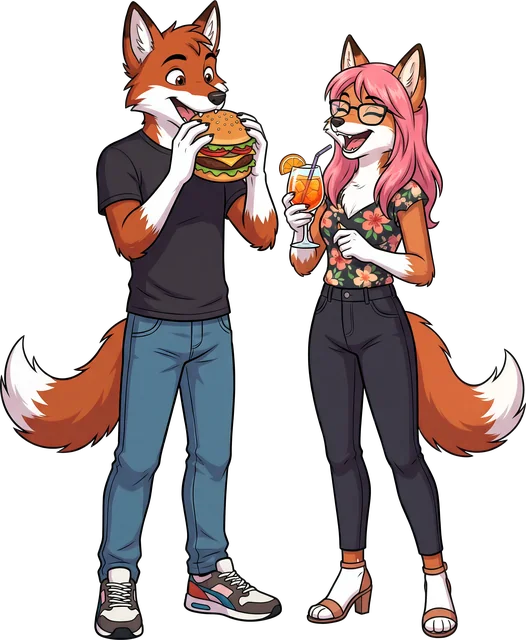 Zwei Füchse mit Burger und Drink